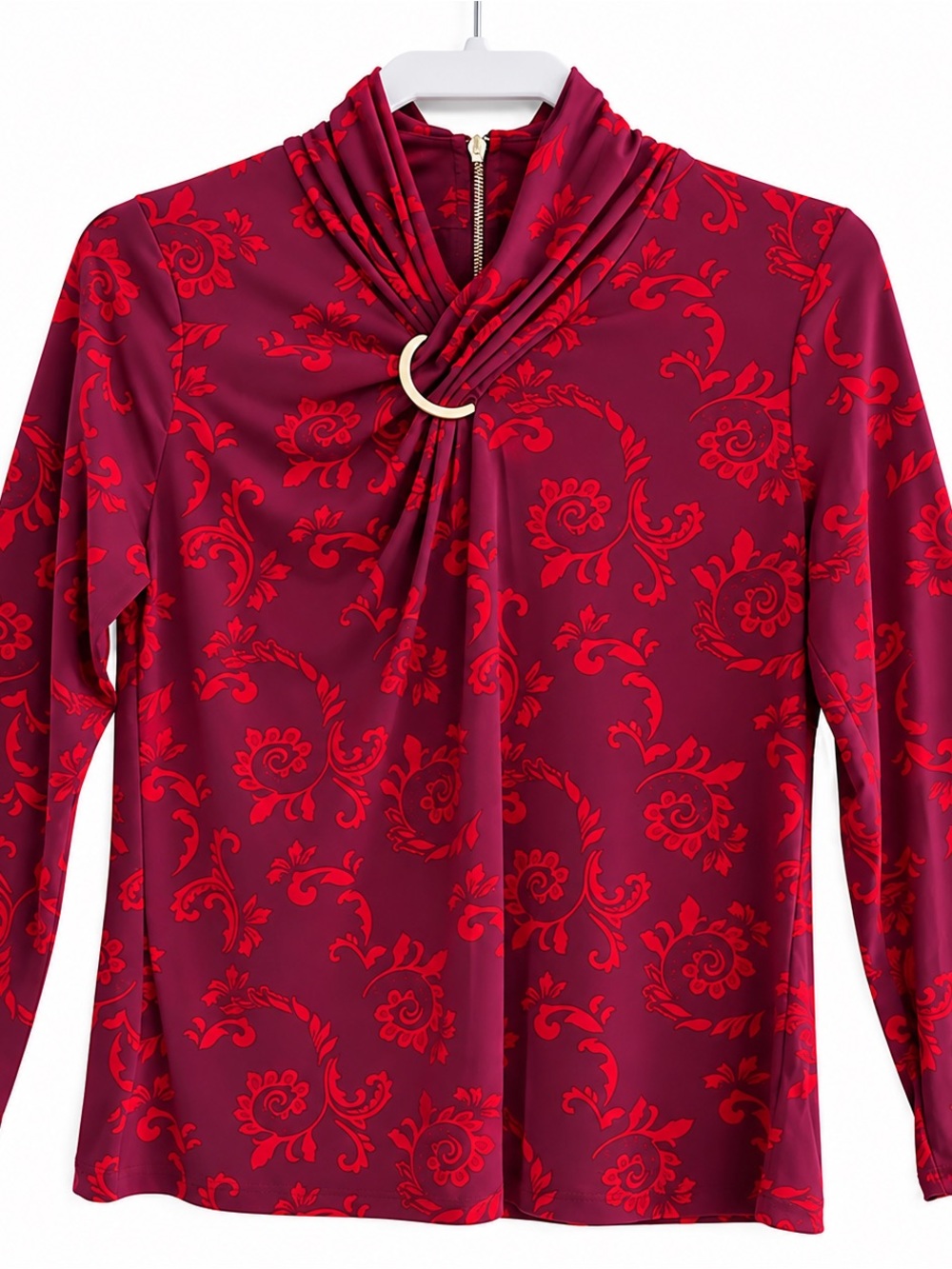 NWT Liz Claiborne Burgundy Red Damask Draped Ring Neck Long Sleeve Blouse